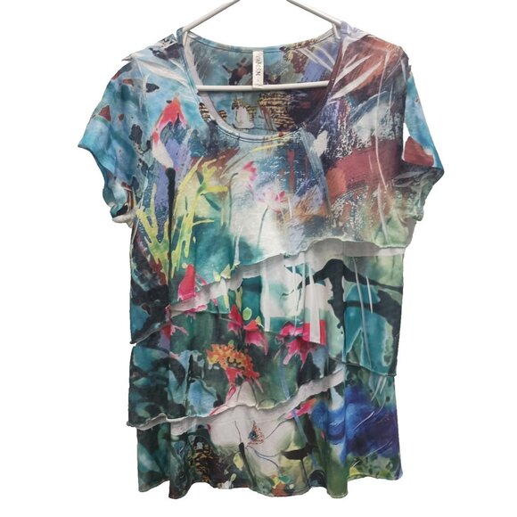 Cubism Womens Wearable Art Top Large Multi Floral Tiered Short Sleeve Abstract - Picture 1 of 6